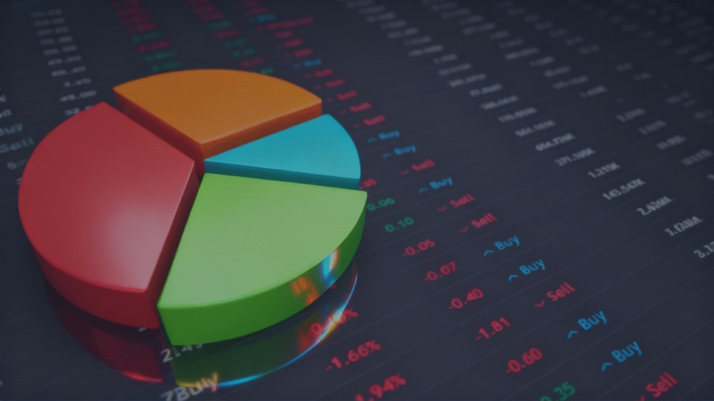 Gráfico de pizza colorido sobre painel de cotações financeiras