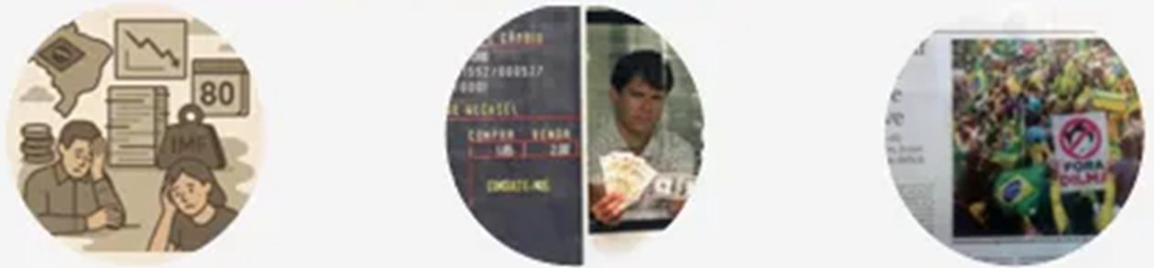 Ilustrações das crises brasileiras: pessoas preocupadas com dívidas nos anos 80, painel de câmbio em 1999 e manifestação com cartaz “Fora Dilma”