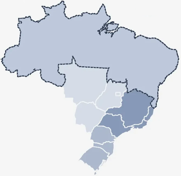 Mapa do Brasil com a demanda de biodiesel por região: tons mais escuros no Sudeste