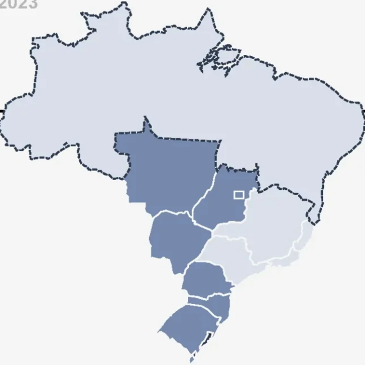 Mapa do Brasil com a produção de biodiesel por região: tons mais escuros no Centro-Oeste e no Sul