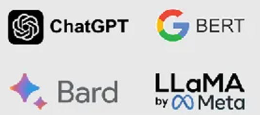 Logos de ChatGPT, BERT (Google), Bard e LLaMA by Meta