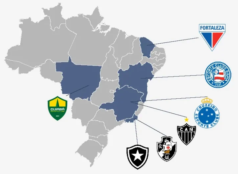 Mapa do Brasil destacando os estados de clubes que viraram SAF, com os escudos de Fortaleza, Bahia, Cruzeiro, Atlético Mineiro, Vasco, Botafogo e Cuiabá