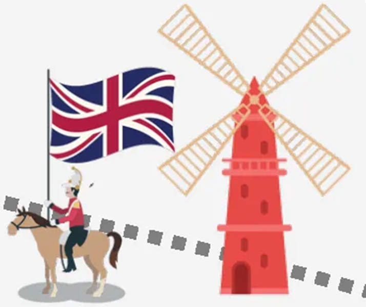 Ilustração de cavaleiro com a bandeira do Reino Unido e um moinho de vento