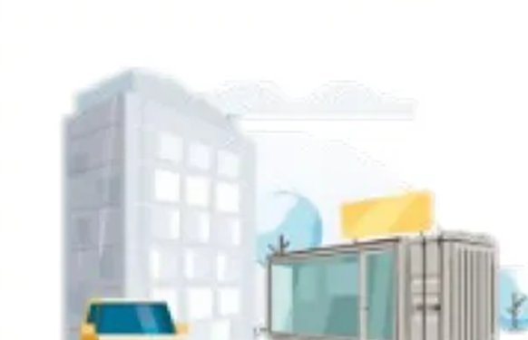 Ilustração de mercado em contêiner ao lado de prédio