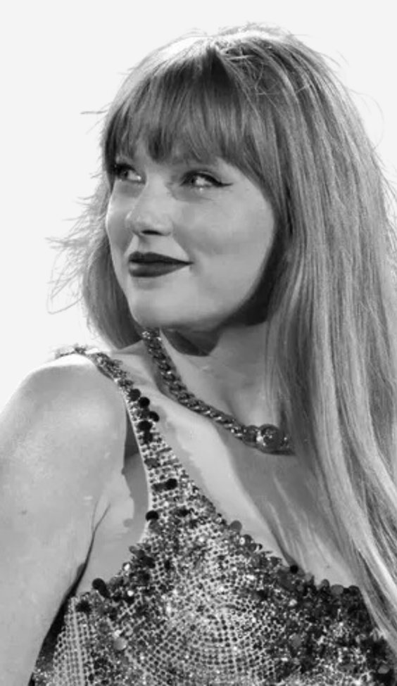 Foto em preto e branco da cantora Taylor Swift