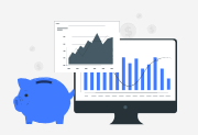 Ilustração de cofrinho e monitor com gráficos