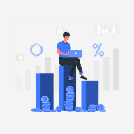 Ilustração de pessoa sobre pilhas de moedas e gráfico