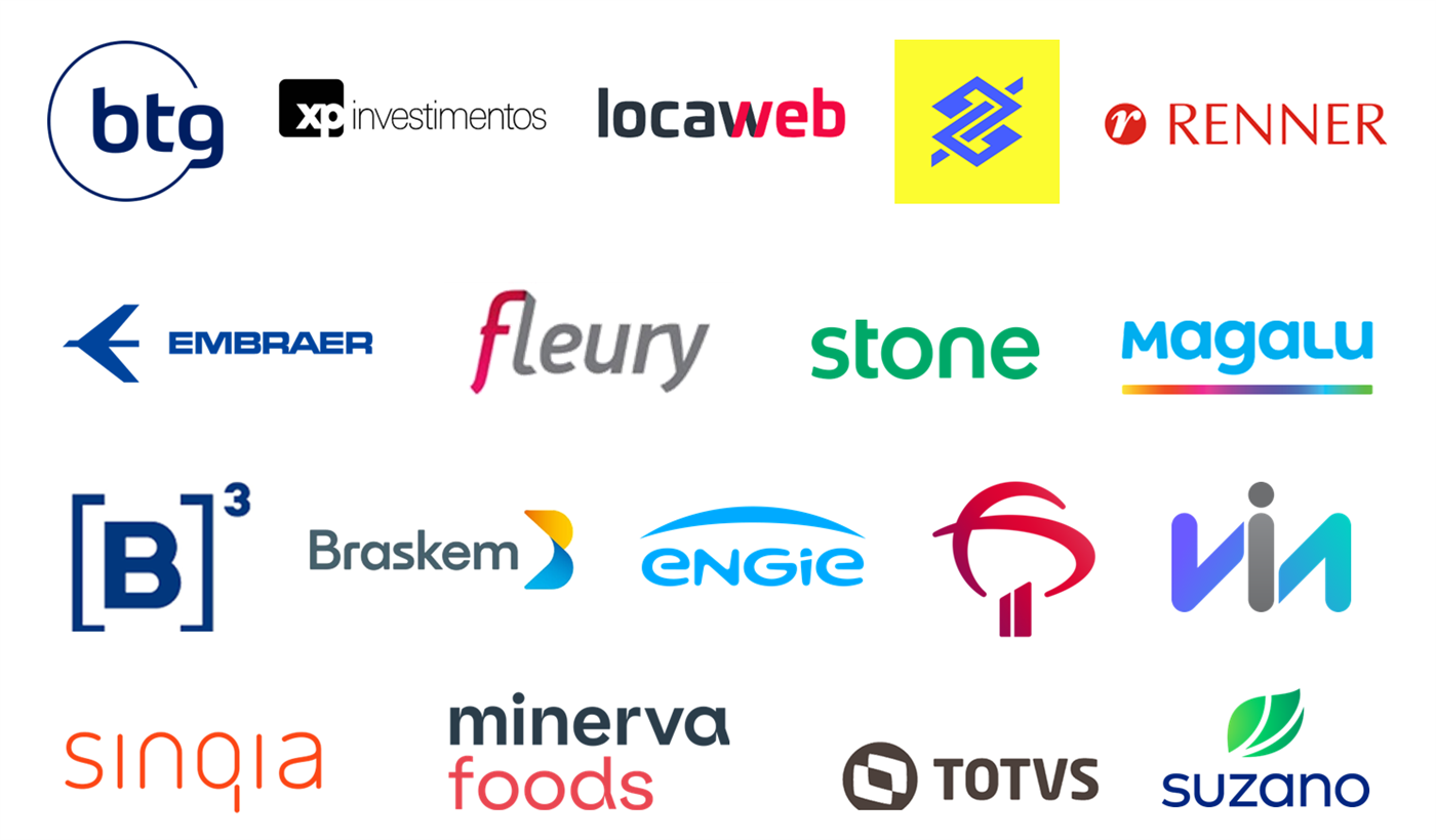 Logos de empresas brasileiras com iniciativas de CVC: BTG, XP Investimentos, Locaweb, Banco do Brasil, Renner, Embraer, Fleury, Stone, Magalu, B3, Braskem, Engie, Bradesco, Via, Sinqia, Minerva Foods, Totvs e Suzano