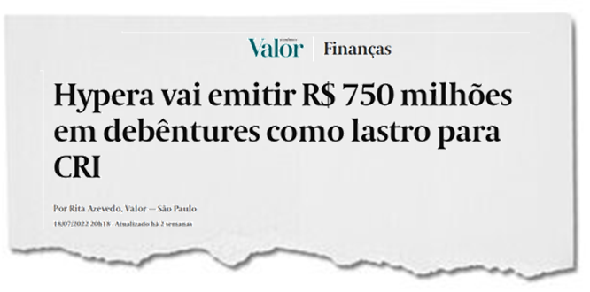 Recorte de matéria do Valor, seção Finanças: Hypera vai emitir R$ 750 milhões em debêntures como lastro para CRI