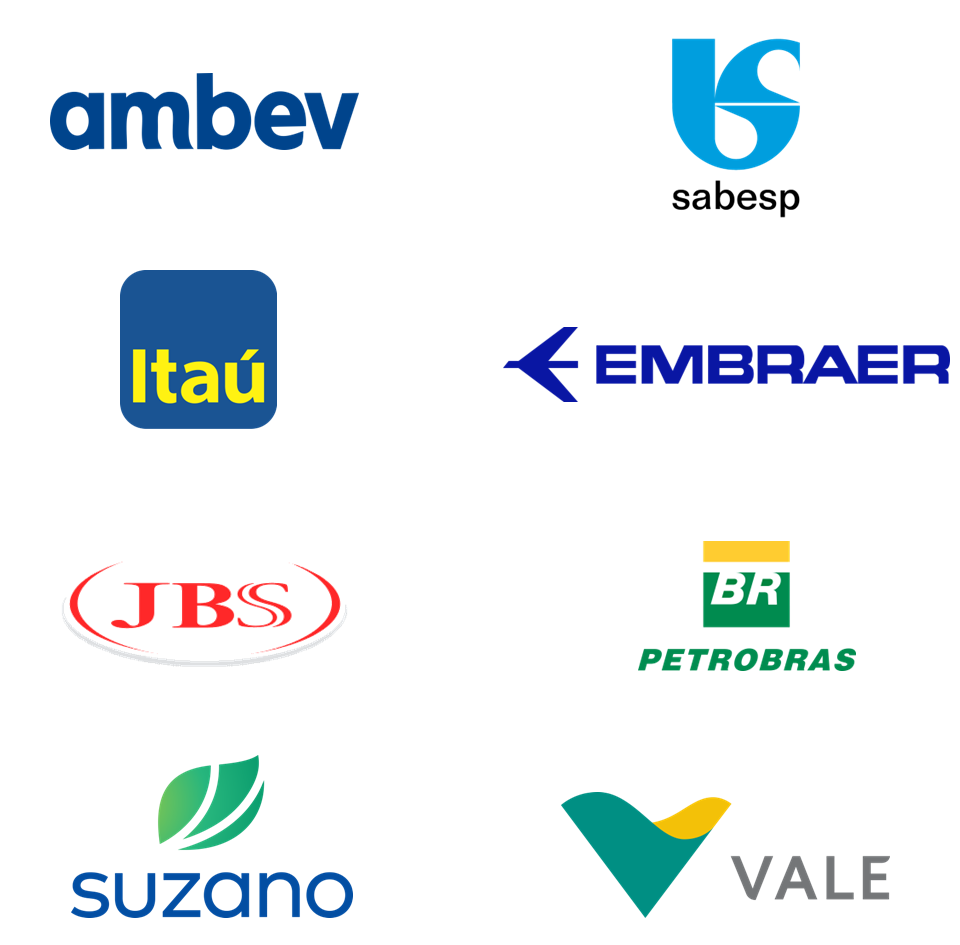 Logos de Ambev, Sabesp, Itaú, Embraer, JBS, Petrobras, Suzano e Vale