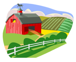 Ilustração de fazenda com celeiro e plantações