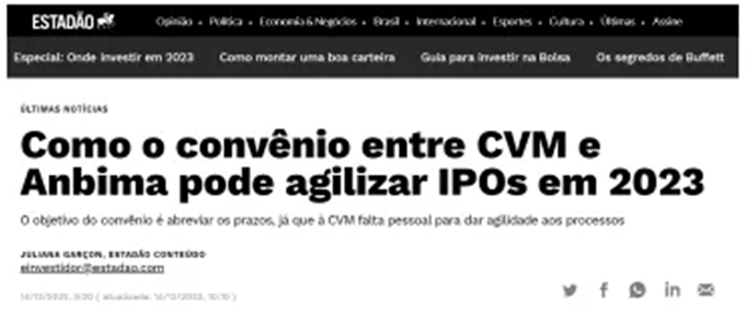 Reportagem do Estadão: Como o convênio entre CVM e Anbima pode agilizar IPOs em 2023