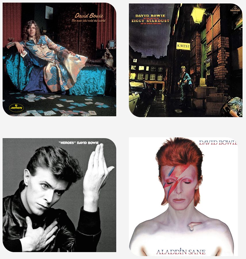 Capas de álbuns de David Bowie: The Man Who Sold the World, Ziggy Stardust, Heroes e Aladdin Sane