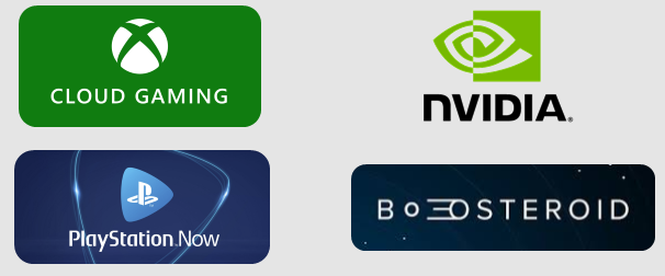 Logos de Xbox Cloud Gaming, NVIDIA, PlayStation Now e Boosteroid