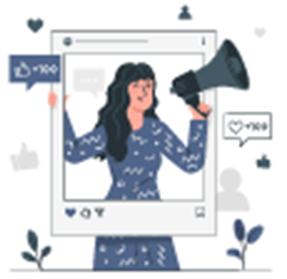 Ilustração de mulher com megafone dentro de uma moldura de rede social