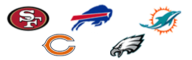 Logos de San Francisco 49ers, Buffalo Bills, Miami Dolphins, Chicago Bears e Philadelphia Eagles
