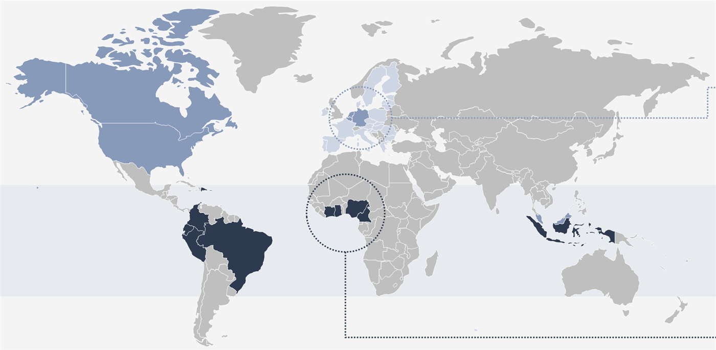 Mapa-múndi destacando importadores de cacau (América do Norte e Europa) e produtores (África Ocidental, América do Sul e Indonésia), com o cinturão da produção de cacau na faixa tropical