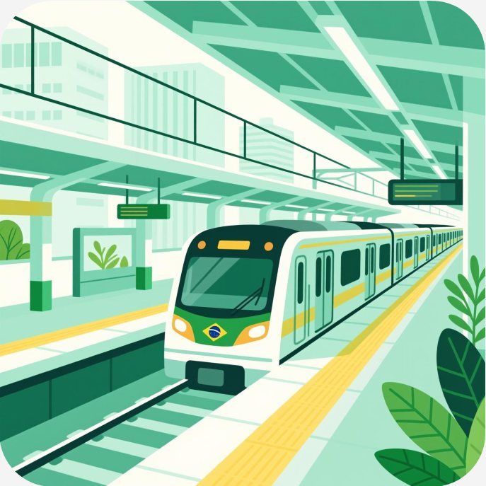 Ilustração de trem em estação moderna com bandeira do Brasil