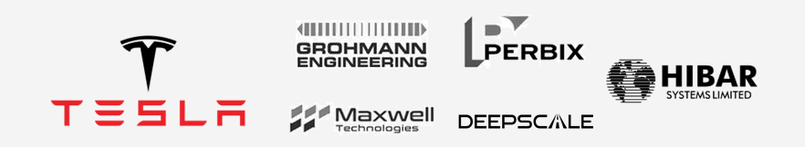 Logos da Tesla e das empresas adquiridas: Grohmann Engineering, Perbix, Hibar Systems, Maxwell Technologies e DeepScale