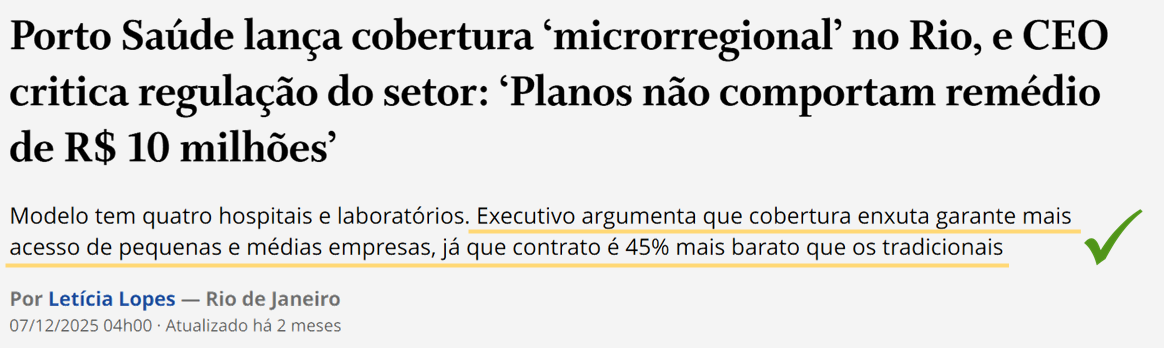 Reportagem de O Globo: Porto Saúde lança cobertura microrregional no Rio; modelo tem quatro hospitais e laboratórios e contrato 45% mais barato que os tradicionais (07/12/2025)