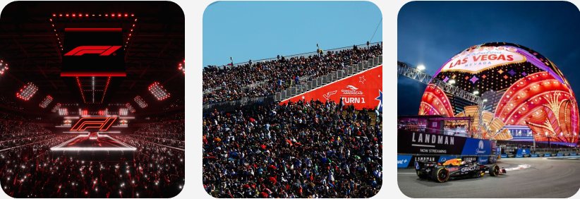 Evento de lançamento da F1 em arena, arquibancada lotada em Austin e esfera de Las Vegas durante o GP