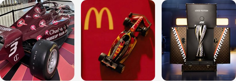 Carro de F1 com a marca Charlotte Tilbury, miniatura de carro com o logo do McDonald's e troféu em baú Louis Vuitton