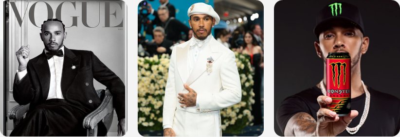 Lewis Hamilton na capa da Vogue, em evento de moda e em campanha da Monster Energy