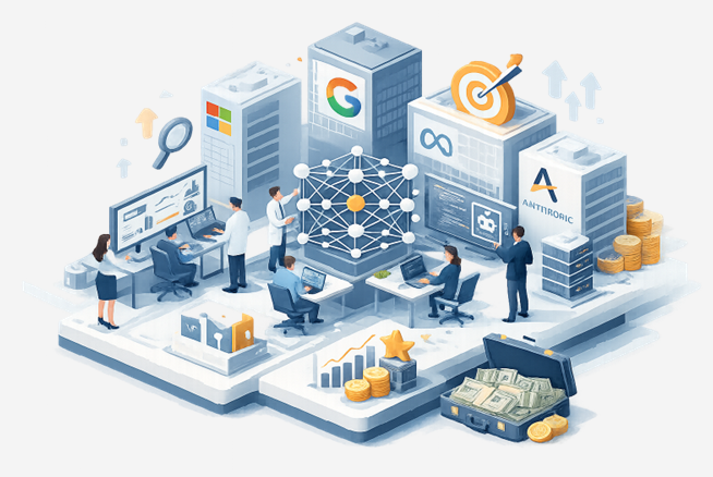 Ilustração de um ecossistema de big techs de AI, com prédios de Google, Microsoft, Meta e Anthropic, pessoas trabalhando e dinheiro