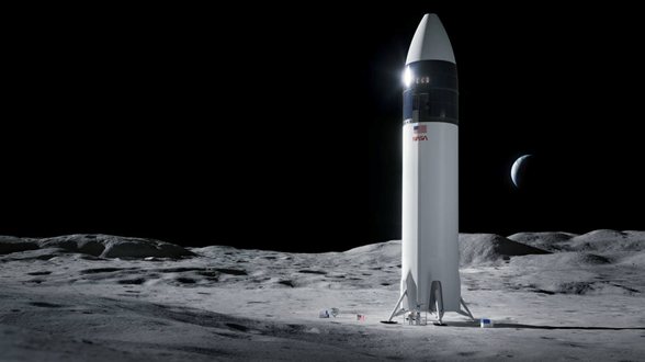 Ilustração do lander Starship pousado na superfície lunar