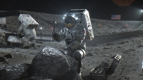 Ilustração de astronautas trabalhando na superfície da Lua