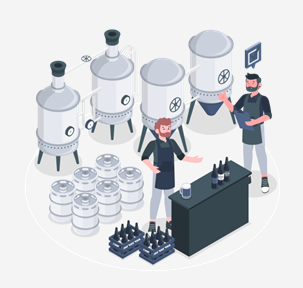 Ilustração de uma planta industrial com tanques e operadores