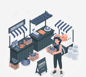 Ilustração de barracas de feira e uma vendedora