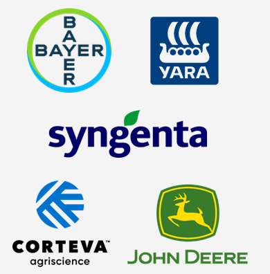 Logos de Bayer, Yara, Syngenta, Corteva Agriscience e John Deere