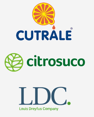 Logos de Cutrale, Citrosuco e LDC (Louis Dreyfus Company), presentes na produção agrícola, no processamento industrial e na logística e exportação