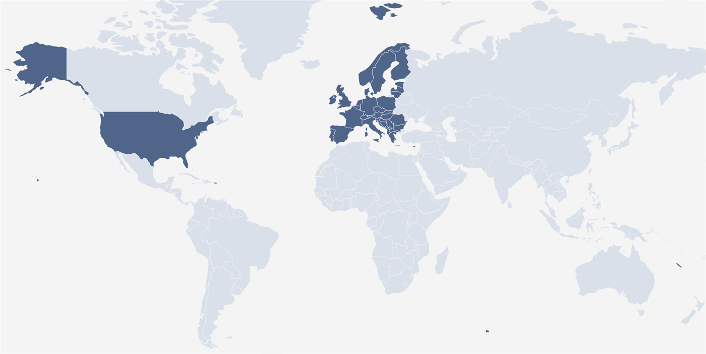 Mapa-múndi destacando os Estados Unidos e a Europa, que concentram o consumo global de suco de laranja